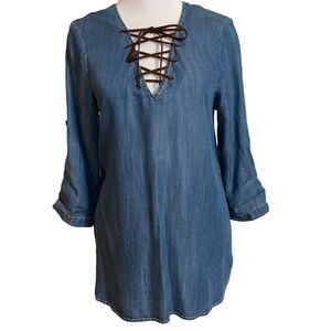 Karen Kane Chambray Blue Roll Tab Tunic Top Brown Lace Up Vneck Shirt XS